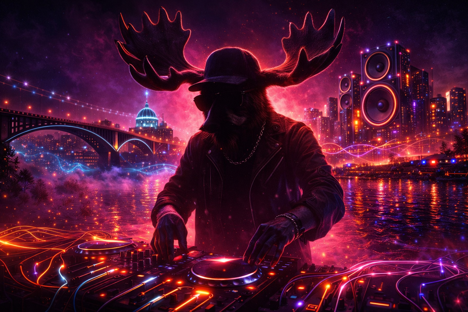 Missed Some 80s cover art replacement — Heavy Moose DJ silhouette over a neon city
